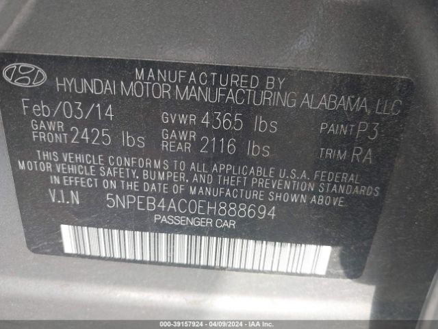 Photo 8 VIN: 5NPEB4AC0EH888694 - HYUNDAI SONATA 