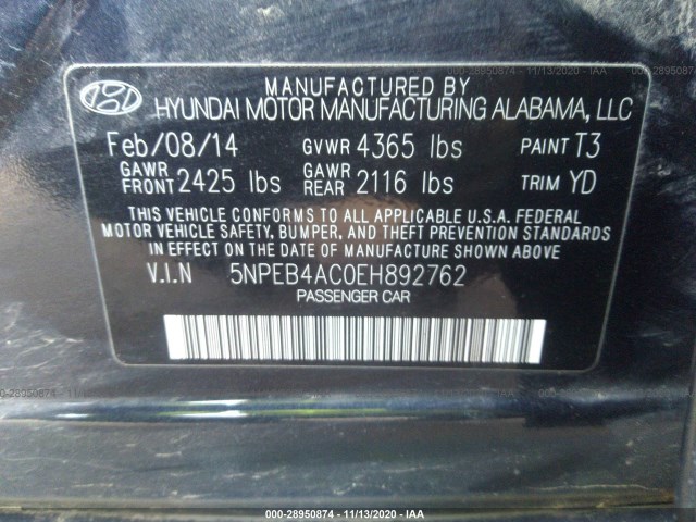 Photo 8 VIN: 5NPEB4AC0EH892762 - HYUNDAI SONATA 