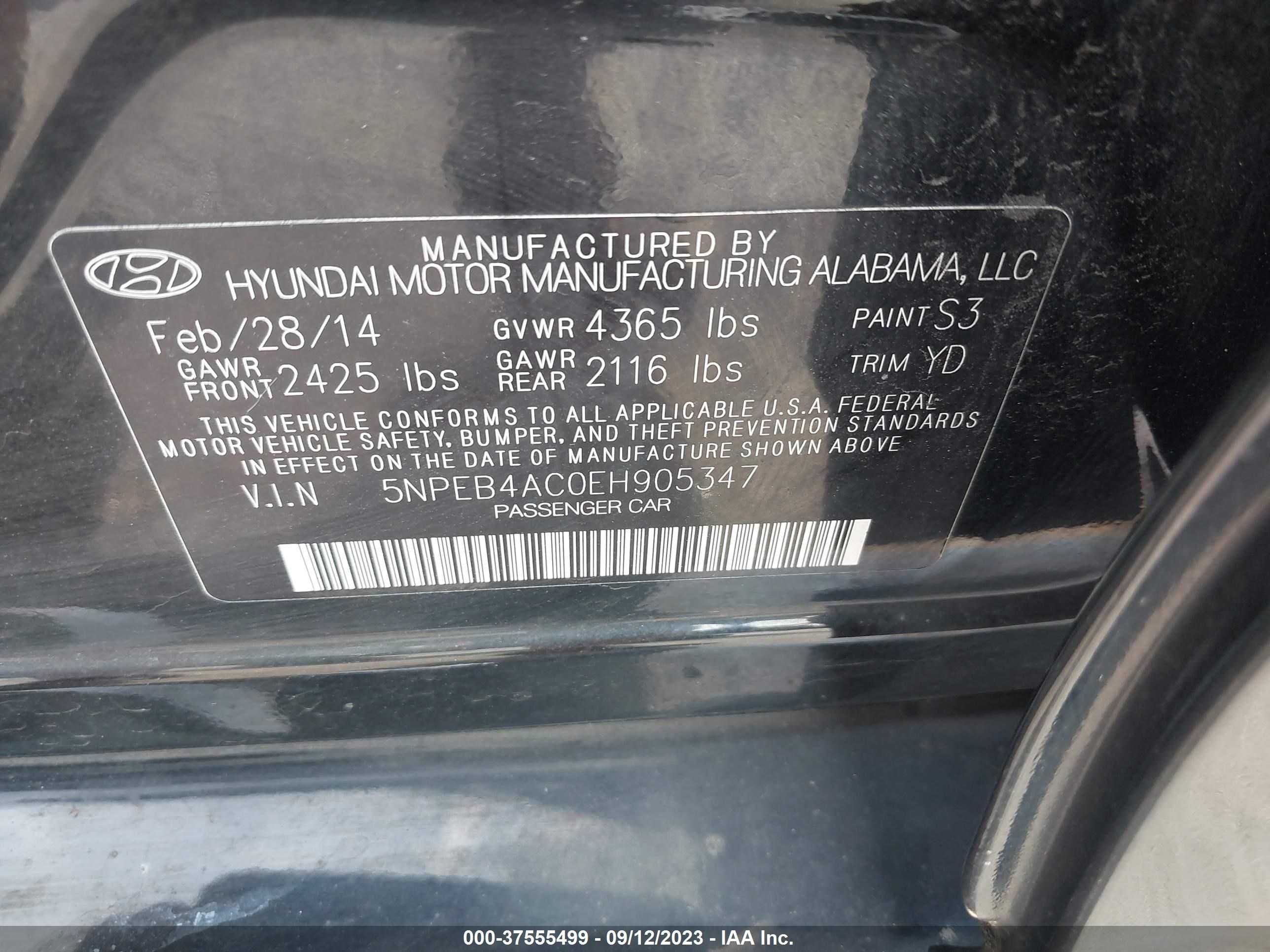 Photo 8 VIN: 5NPEB4AC0EH905347 - HYUNDAI SONATA 