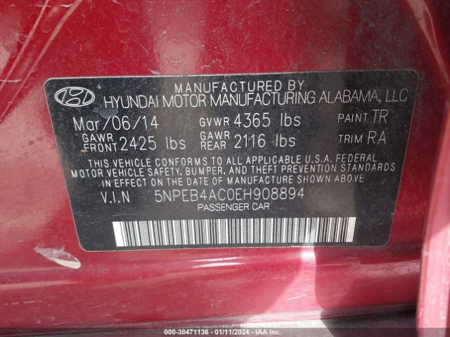 Photo 8 VIN: 5NPEB4AC0EH908894 - HYUNDAI SONATA 