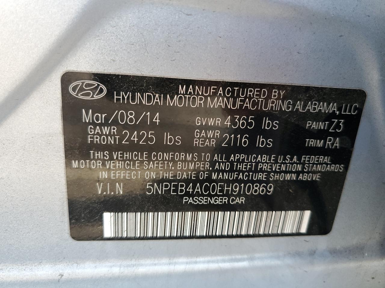 Photo 11 VIN: 5NPEB4AC0EH910869 - HYUNDAI SONATA 