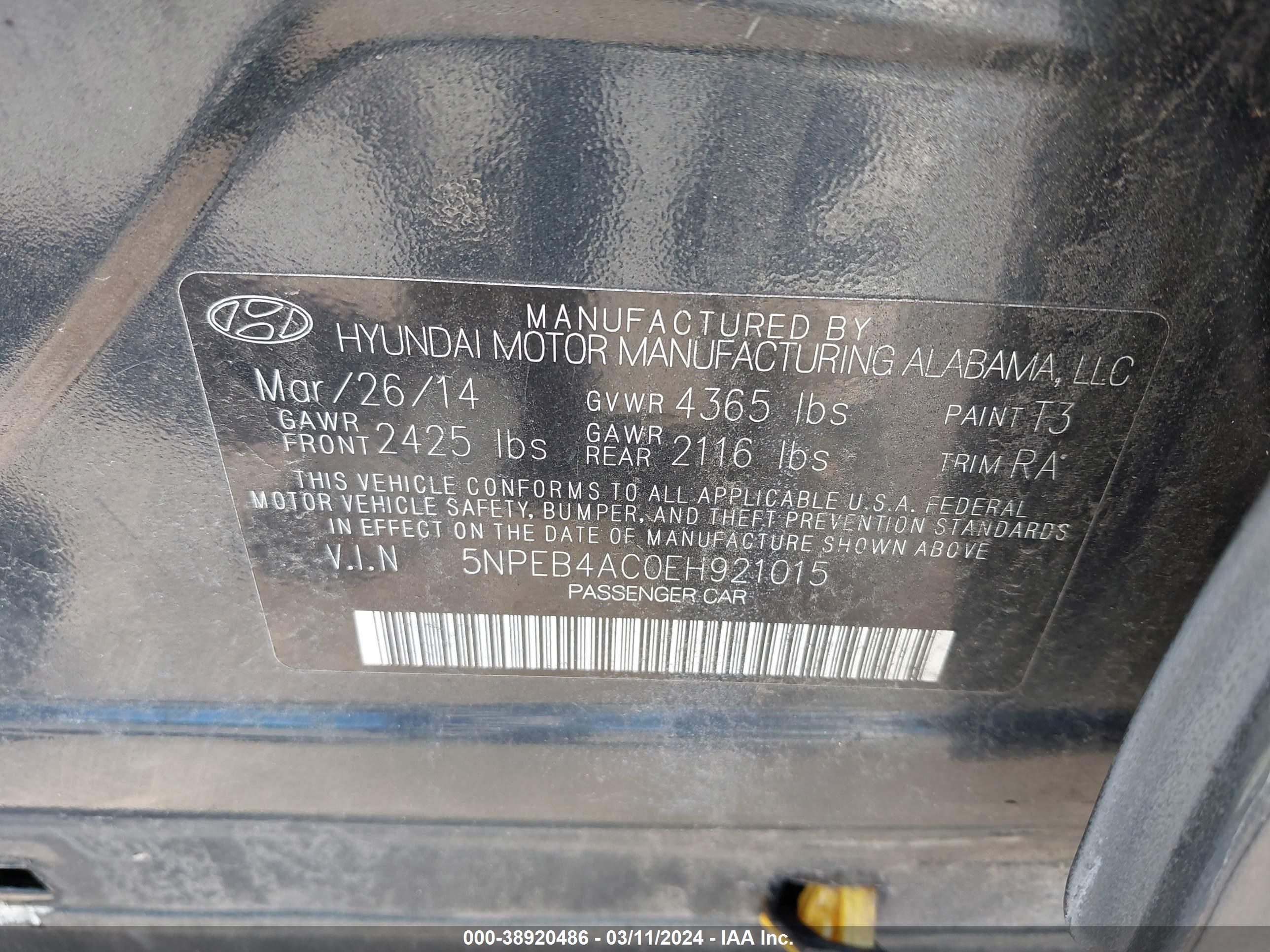 Photo 8 VIN: 5NPEB4AC0EH921015 - HYUNDAI SONATA 