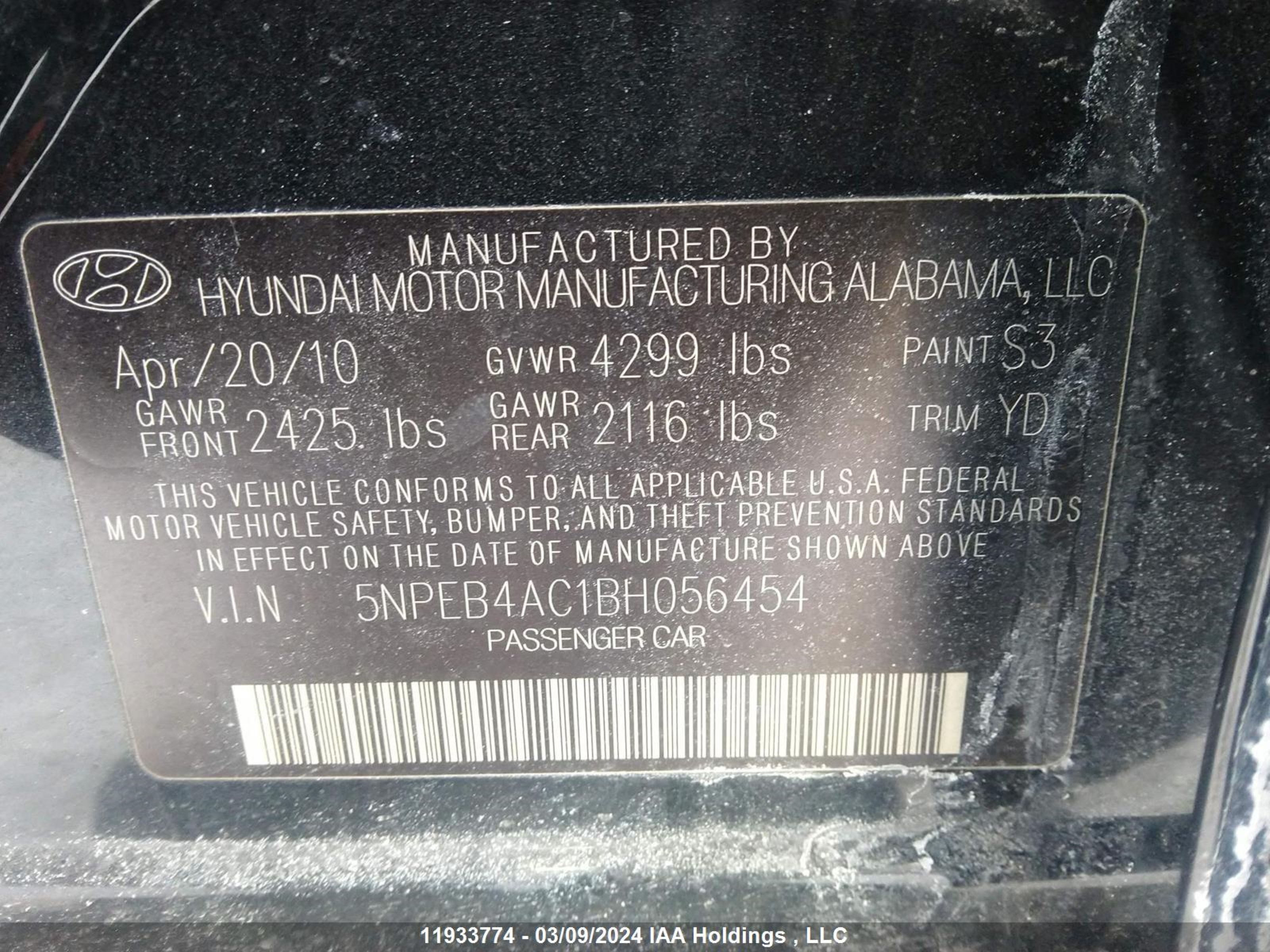 Photo 8 VIN: 5NPEB4AC1BH056454 - HYUNDAI SONATA 