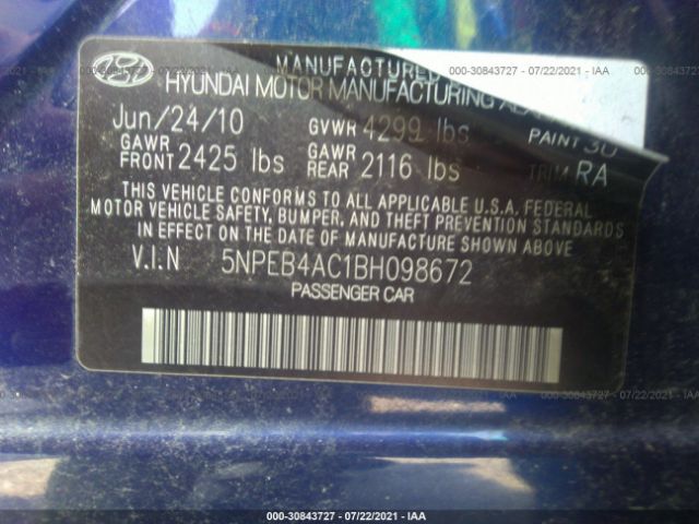 Photo 8 VIN: 5NPEB4AC1BH098672 - HYUNDAI SONATA 