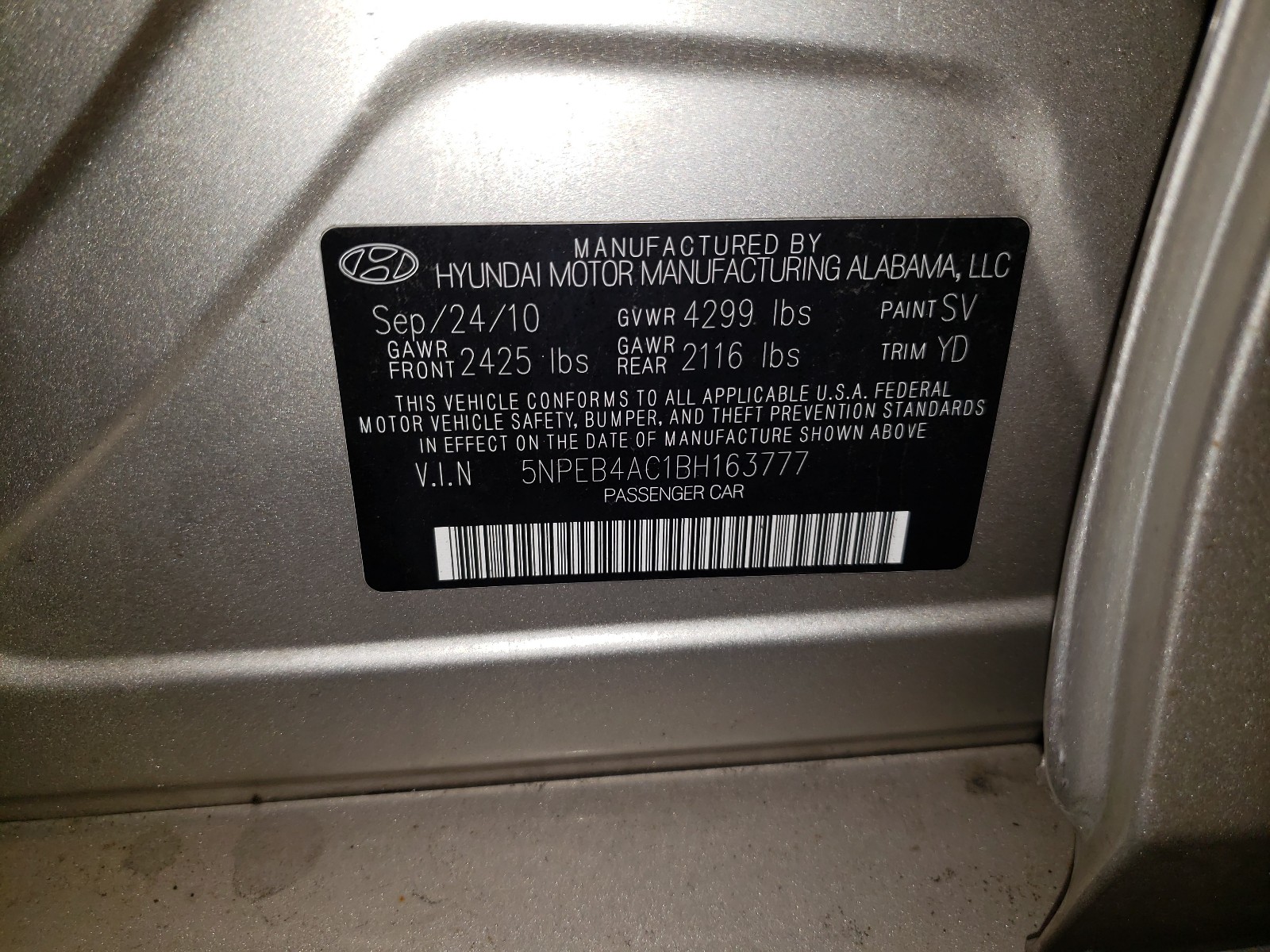 Photo 9 VIN: 5NPEB4AC1BH163777 - HYUNDAI SONATA GLS 