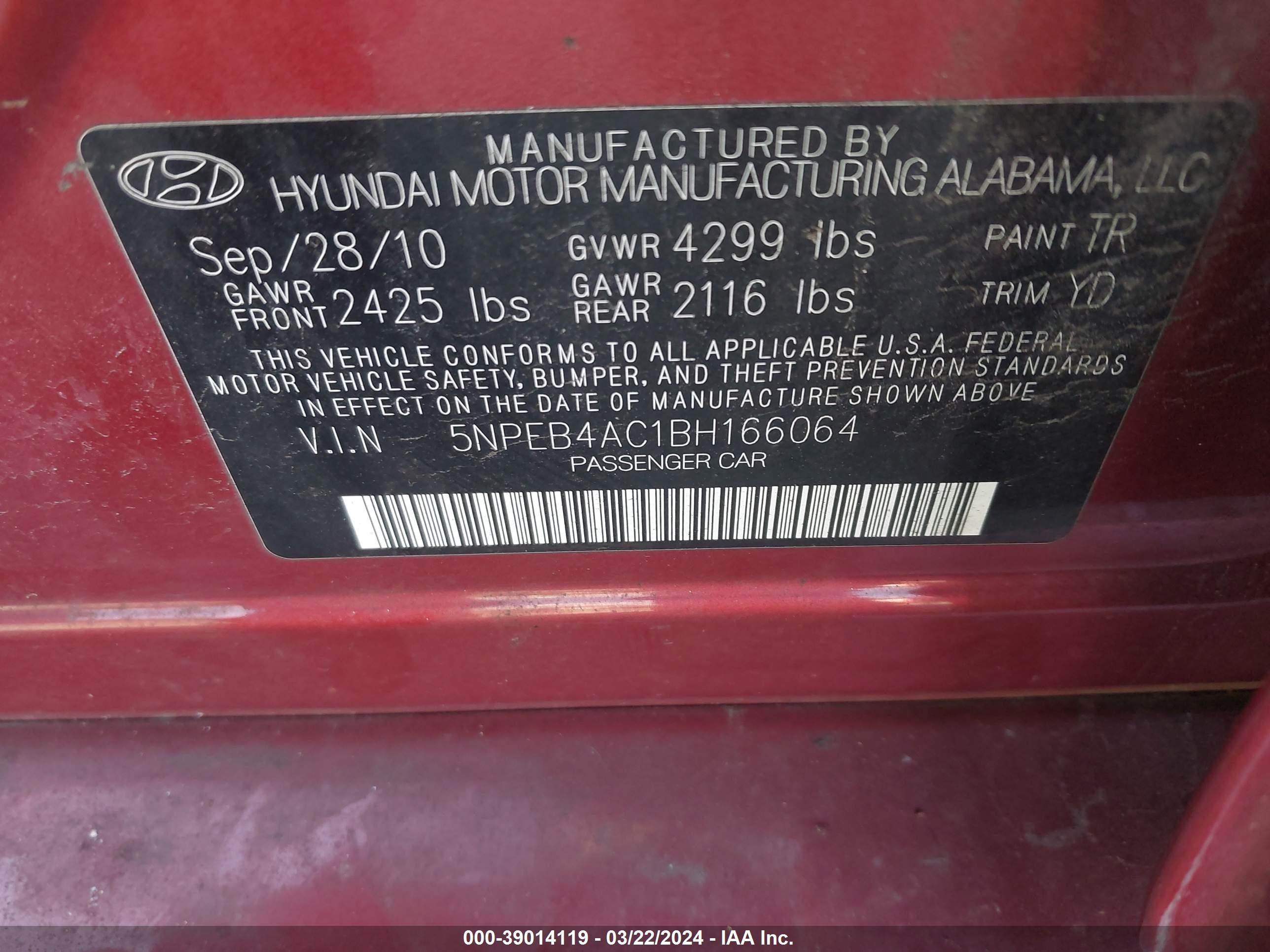 Photo 8 VIN: 5NPEB4AC1BH166064 - HYUNDAI SONATA 