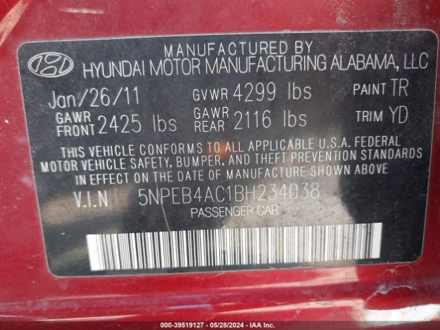 Photo 8 VIN: 5NPEB4AC1BH234038 - HYUNDAI SONATA 