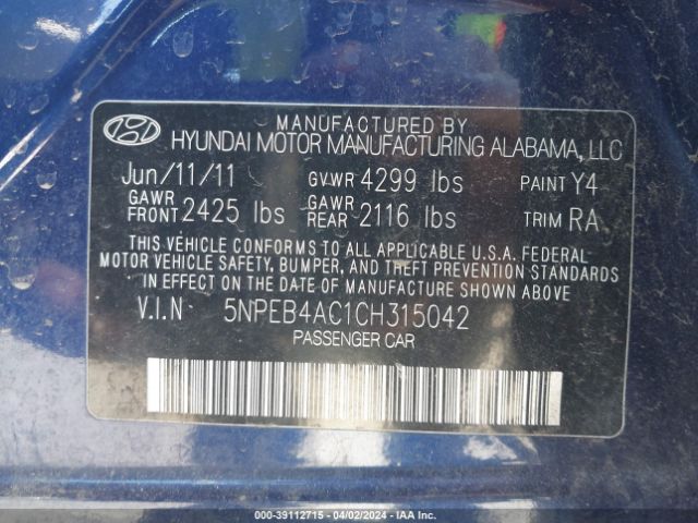 Photo 8 VIN: 5NPEB4AC1CH315042 - HYUNDAI SONATA 