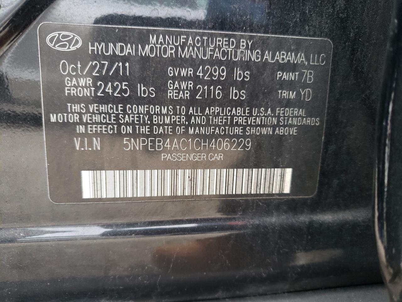 Photo 11 VIN: 5NPEB4AC1CH406229 - HYUNDAI SONATA 