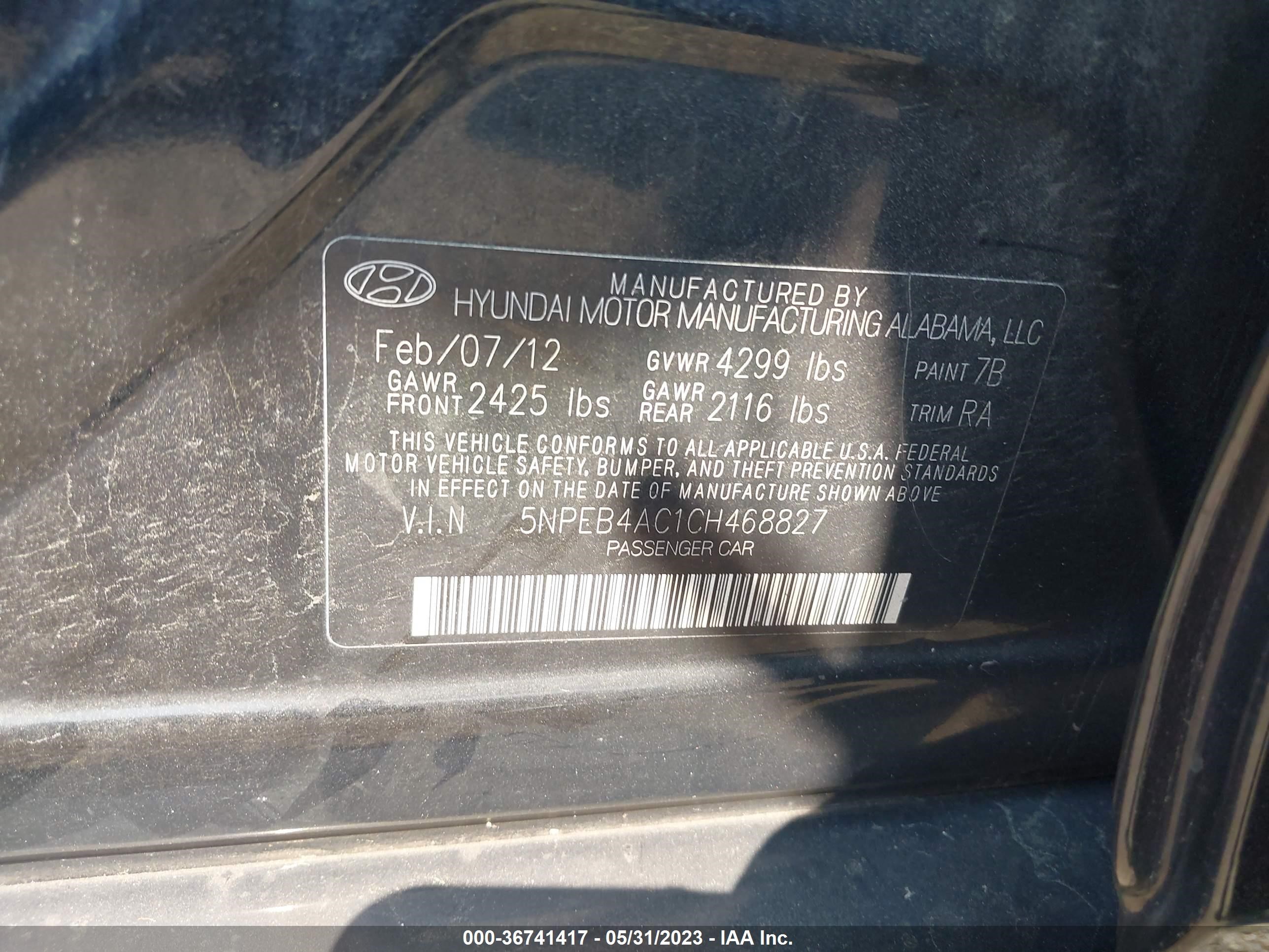 Photo 8 VIN: 5NPEB4AC1CH468827 - HYUNDAI SONATA 