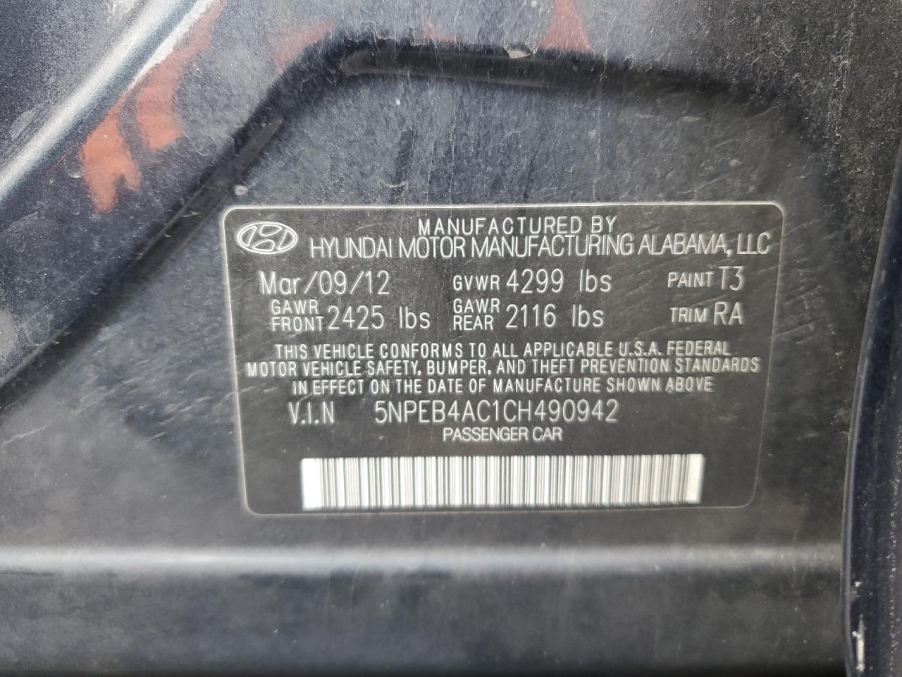 Photo 11 VIN: 5NPEB4AC1CH490942 - HYUNDAI SONATA 