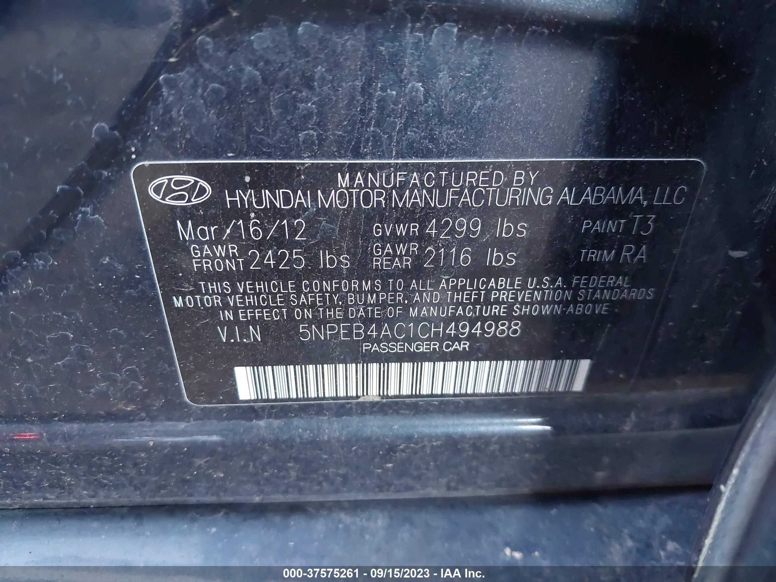 Photo 8 VIN: 5NPEB4AC1CH494988 - HYUNDAI SONATA 