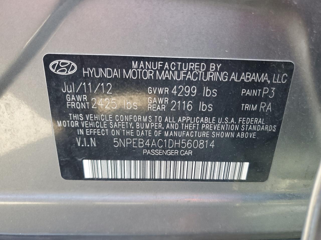 Photo 11 VIN: 5NPEB4AC1DH560814 - HYUNDAI SONATA 