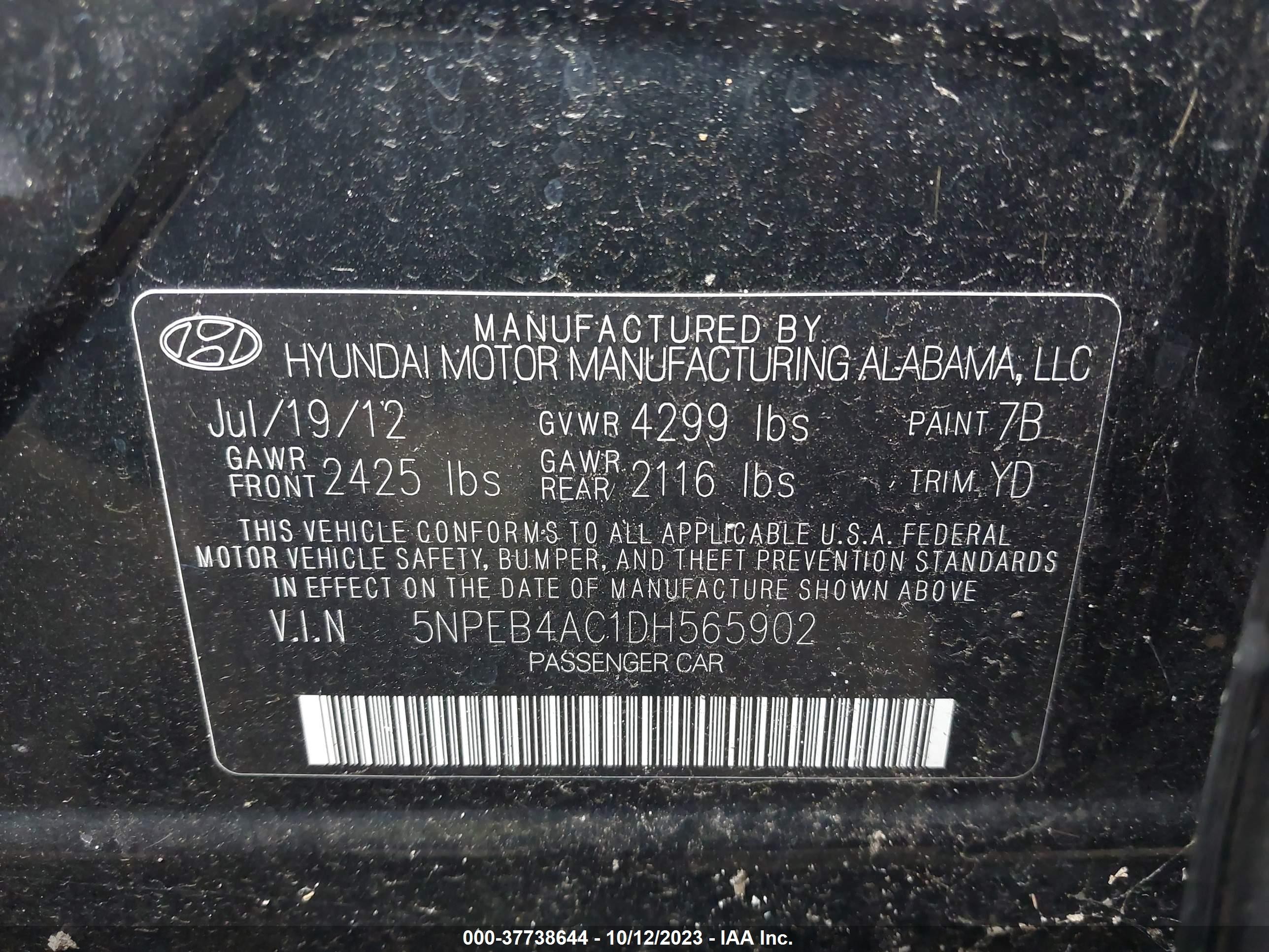 Photo 8 VIN: 5NPEB4AC1DH565902 - HYUNDAI SONATA 