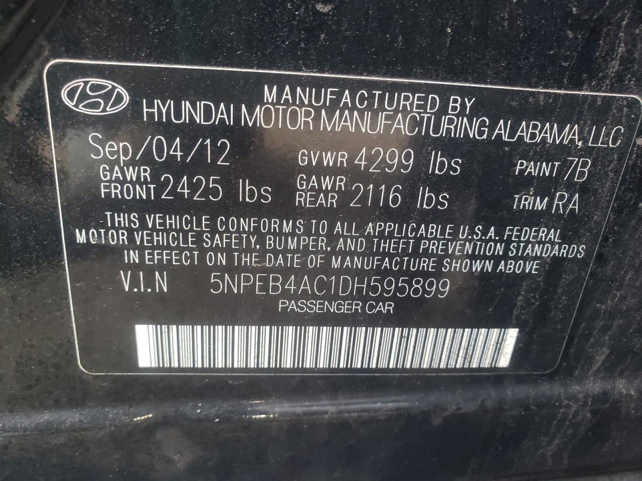 Photo 11 VIN: 5NPEB4AC1DH595899 - HYUNDAI SONATA 