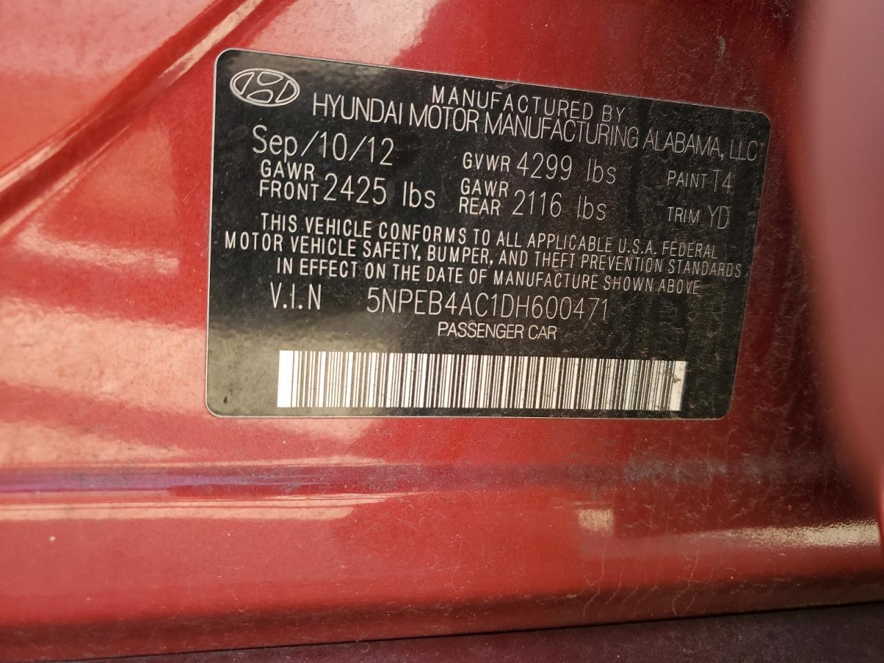 Photo 11 VIN: 5NPEB4AC1DH600471 - HYUNDAI SONATA 