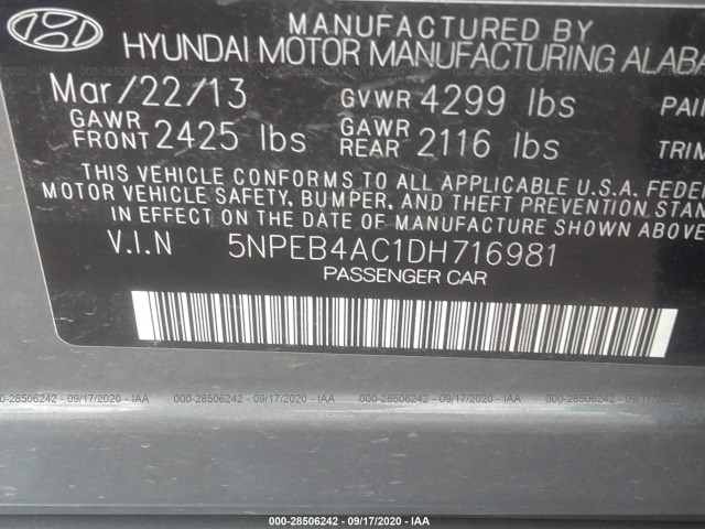 Photo 8 VIN: 5NPEB4AC1DH716981 - HYUNDAI SONATA 