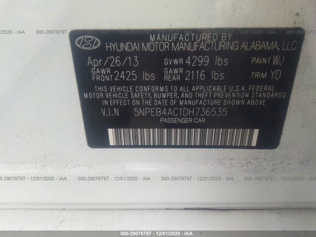 Photo 8 VIN: 5NPEB4AC1DH736535 - HYUNDAI SONATA 