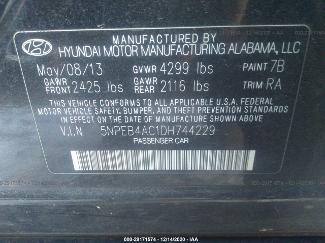 Photo 8 VIN: 5NPEB4AC1DH744229 - HYUNDAI SONATA 