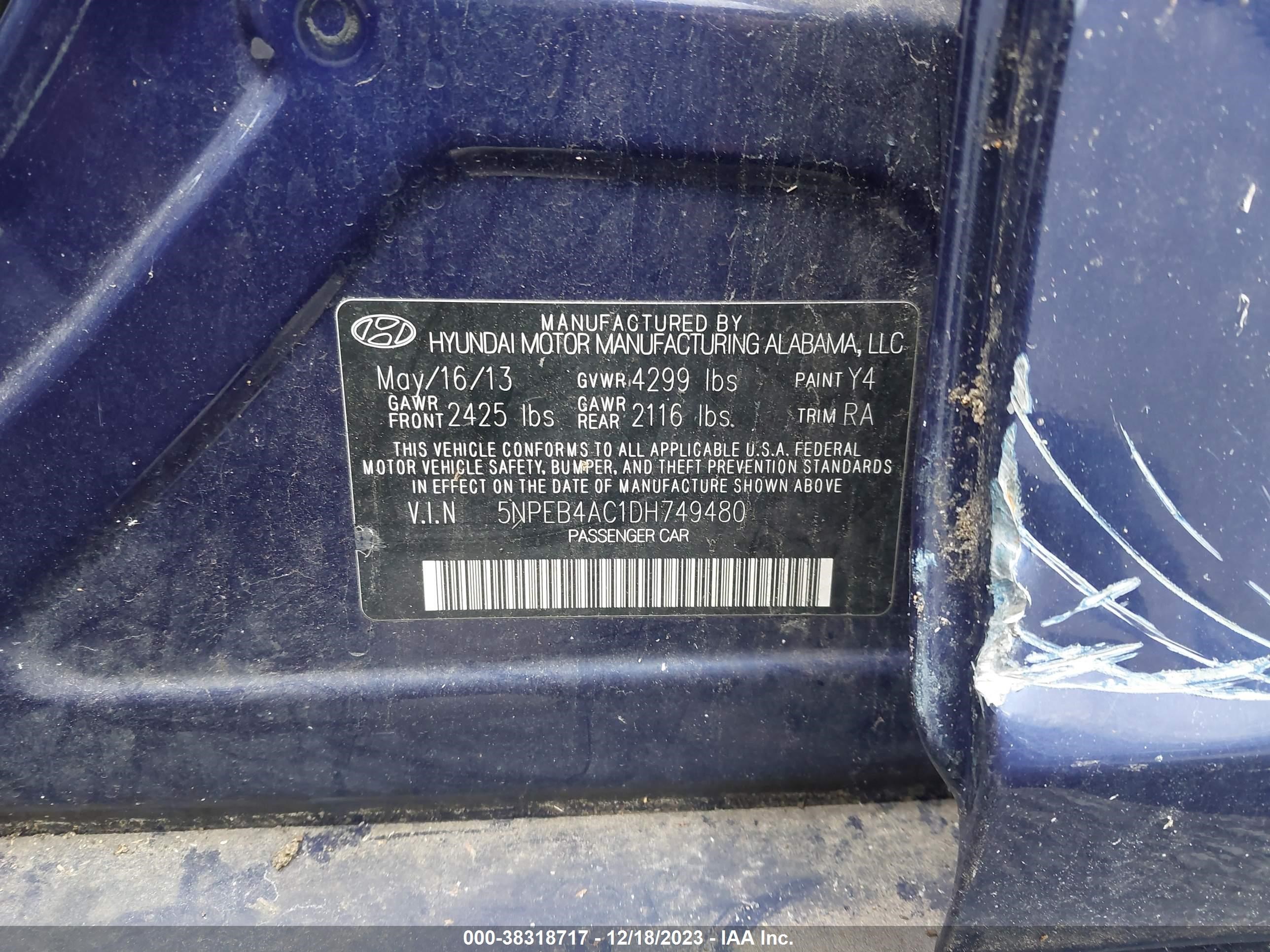 Photo 8 VIN: 5NPEB4AC1DH749480 - HYUNDAI SONATA 