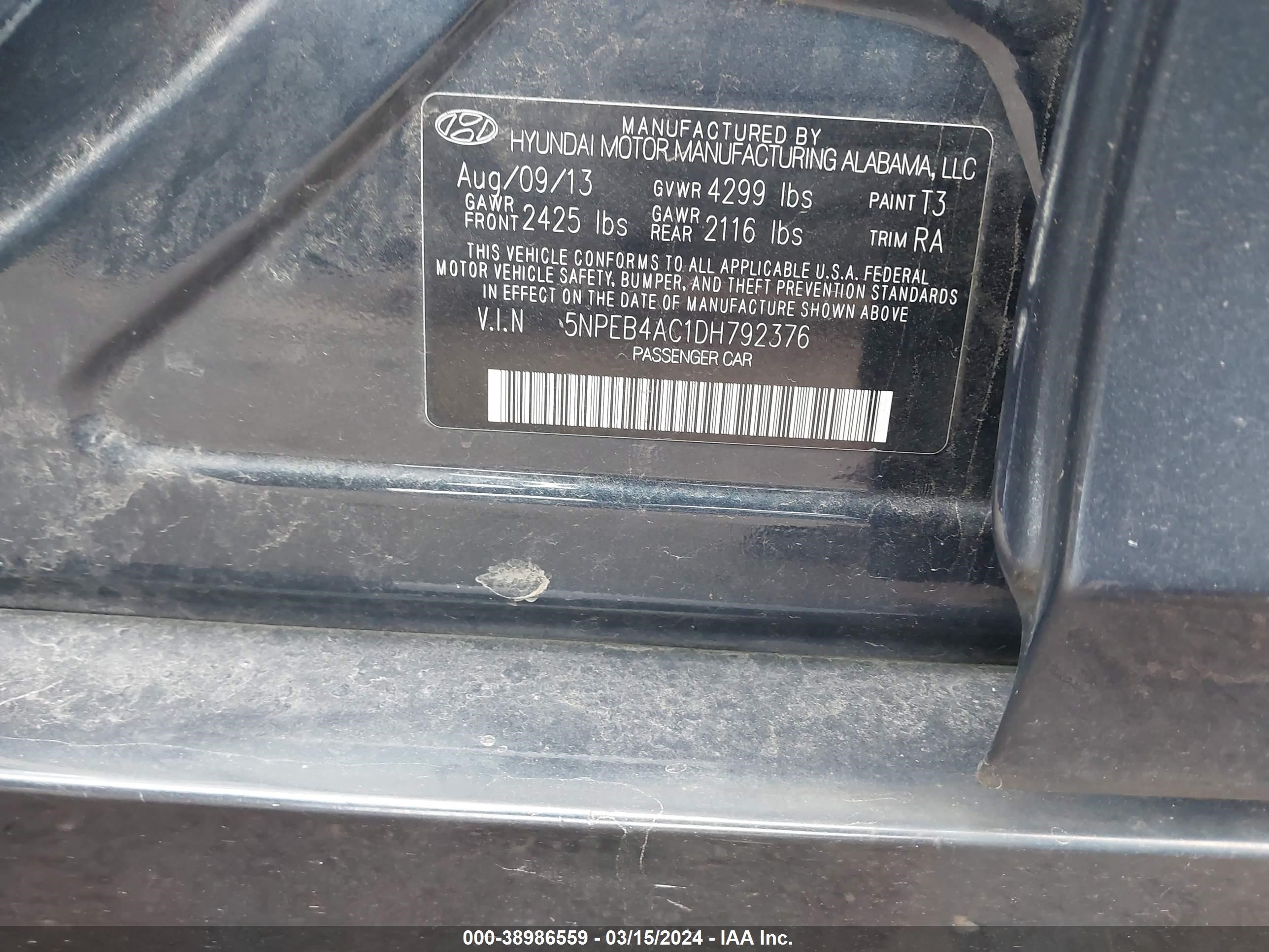 Photo 8 VIN: 5NPEB4AC1DH792376 - HYUNDAI SONATA 