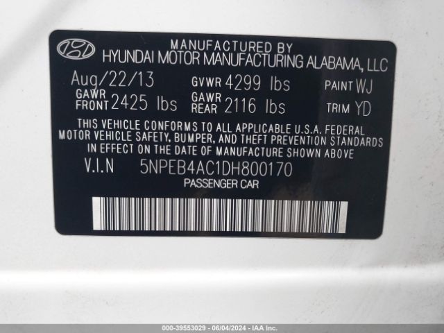 Photo 8 VIN: 5NPEB4AC1DH800170 - HYUNDAI SONATA 