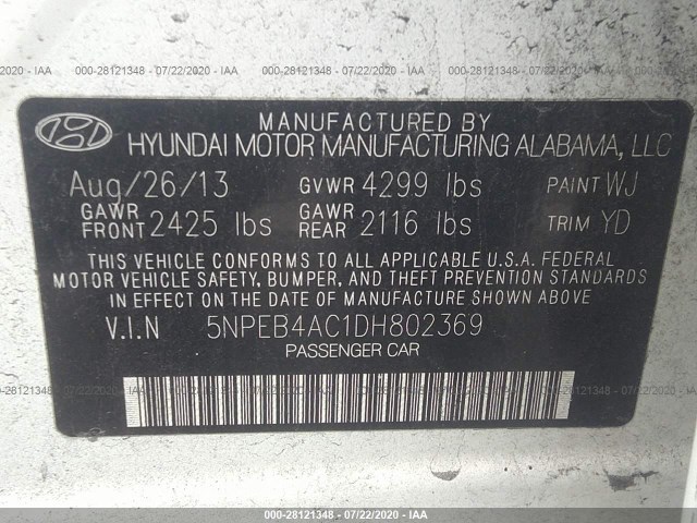 Photo 8 VIN: 5NPEB4AC1DH802369 - HYUNDAI SONATA 