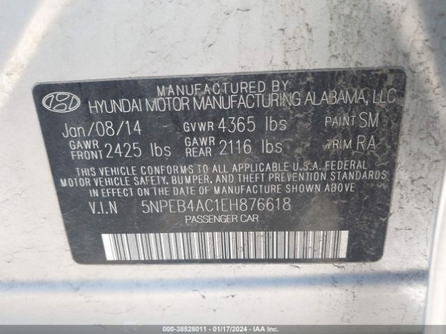 Photo 8 VIN: 5NPEB4AC1EH876618 - HYUNDAI SONATA 