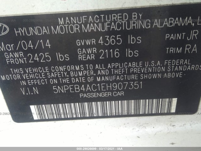 Photo 8 VIN: 5NPEB4AC1EH907351 - HYUNDAI SONATA 