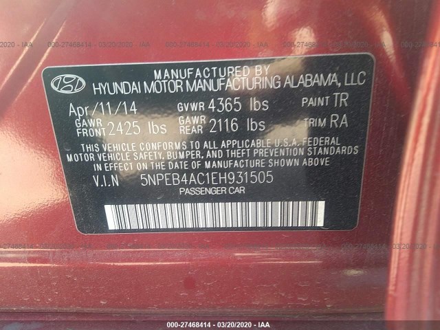 Photo 8 VIN: 5NPEB4AC1EH931505 - HYUNDAI SONATA 