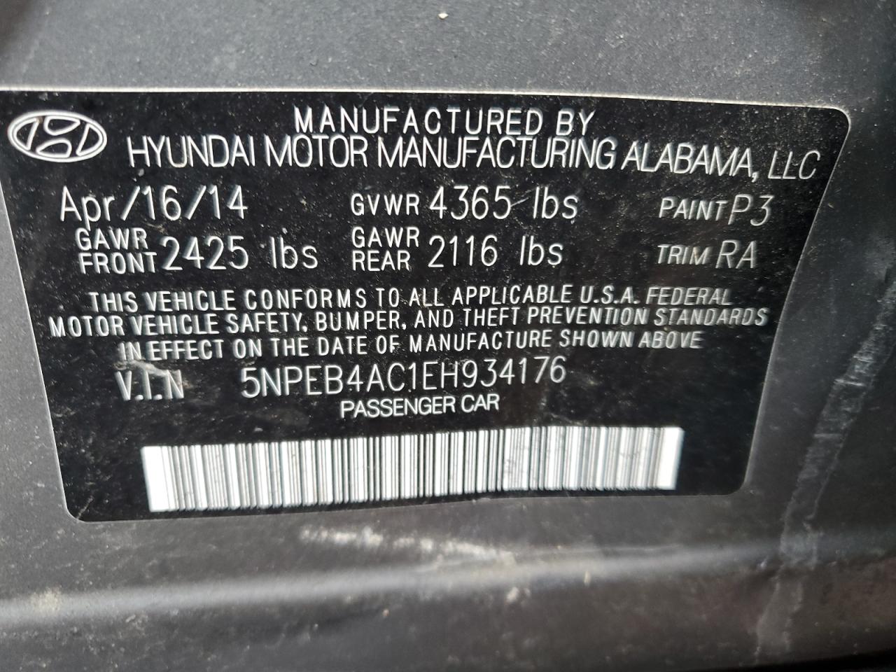 Photo 11 VIN: 5NPEB4AC1EH934176 - HYUNDAI SONATA 