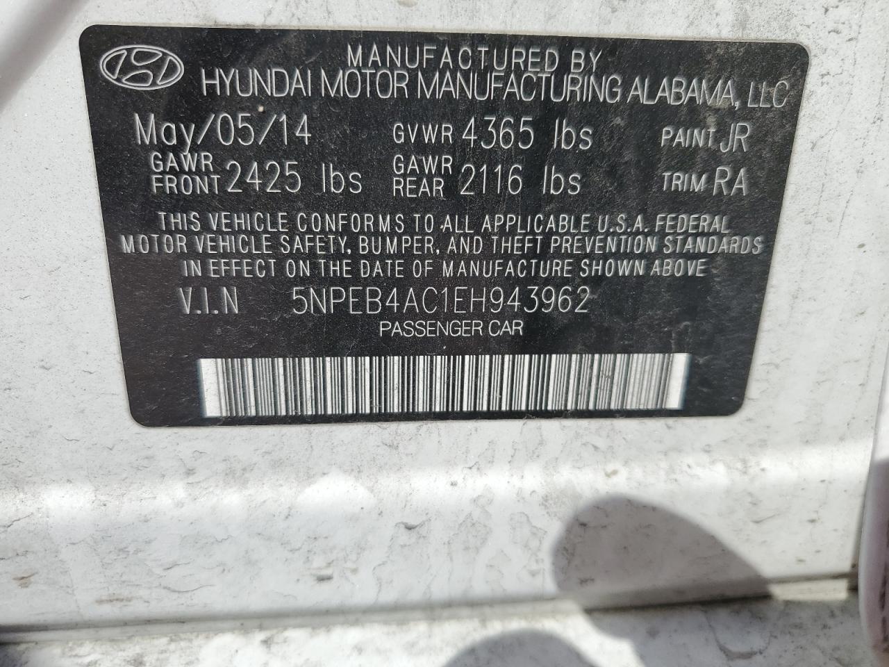 Photo 12 VIN: 5NPEB4AC1EH943962 - HYUNDAI SONATA 