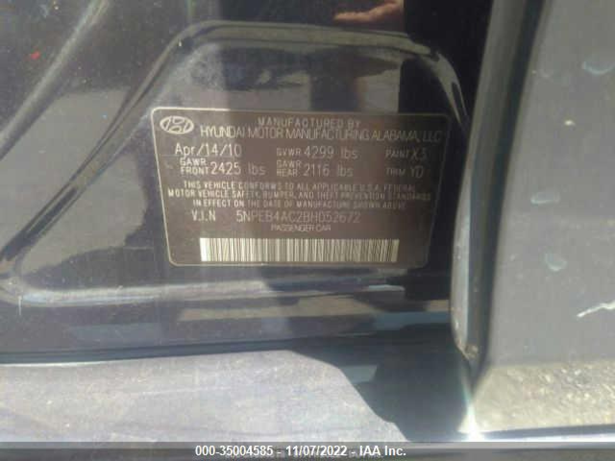 Photo 8 VIN: 5NPEB4AC2BH052672 - HYUNDAI SONATA 