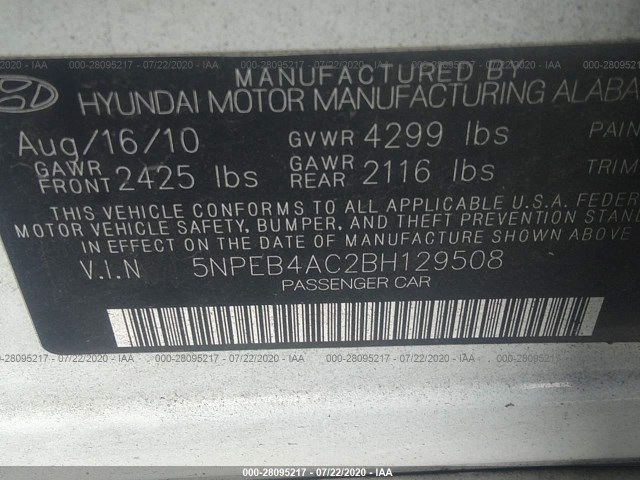 Photo 8 VIN: 5NPEB4AC2BH129508 - HYUNDAI SONATA 