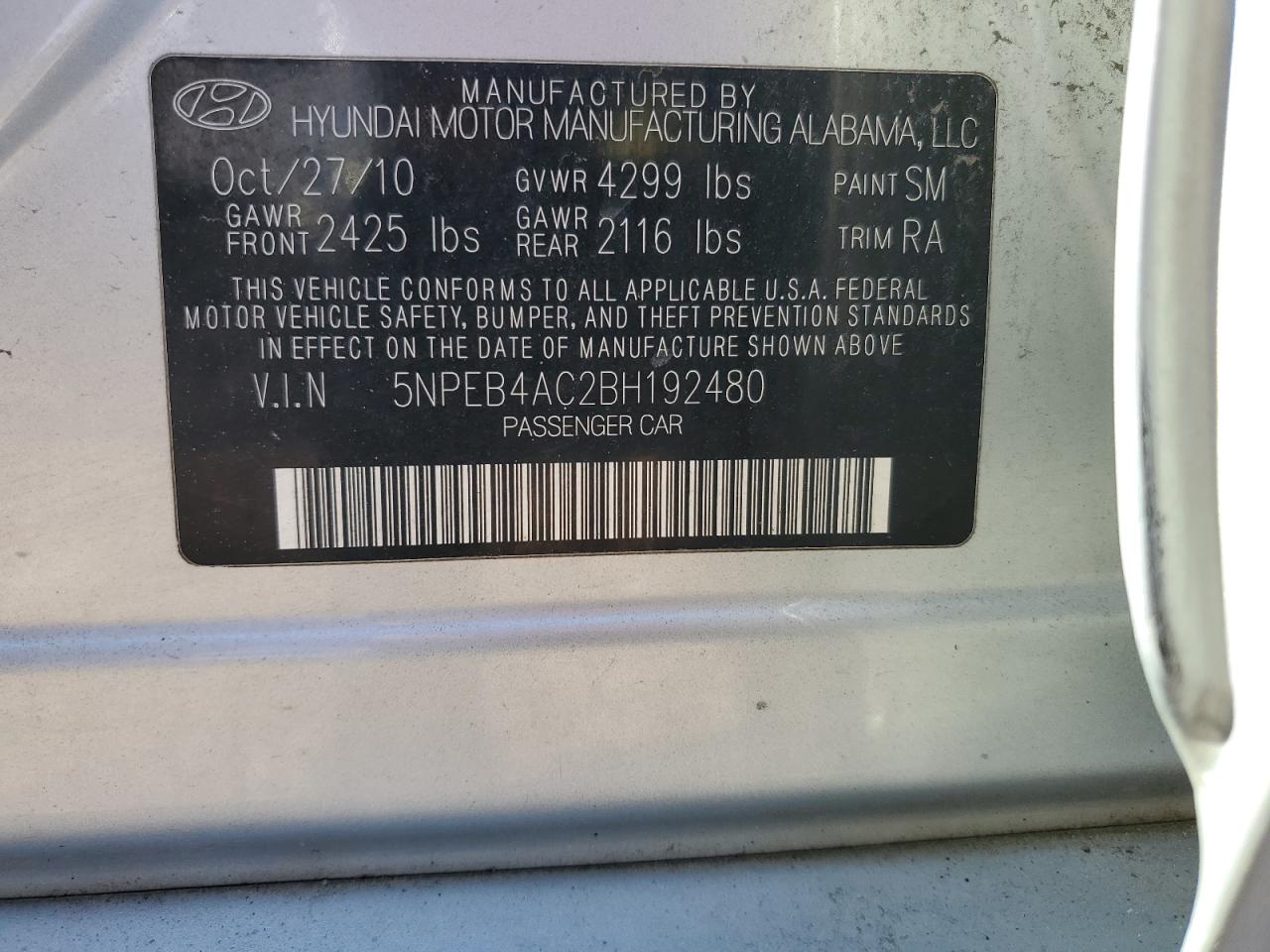 Photo 11 VIN: 5NPEB4AC2BH192480 - HYUNDAI SONATA 