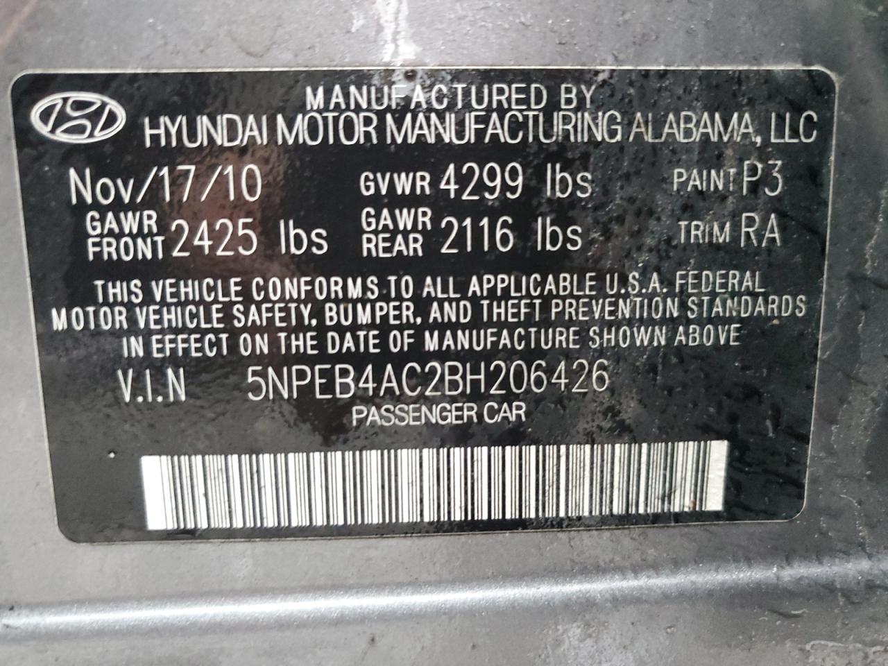 Photo 11 VIN: 5NPEB4AC2BH206426 - HYUNDAI SONATA 