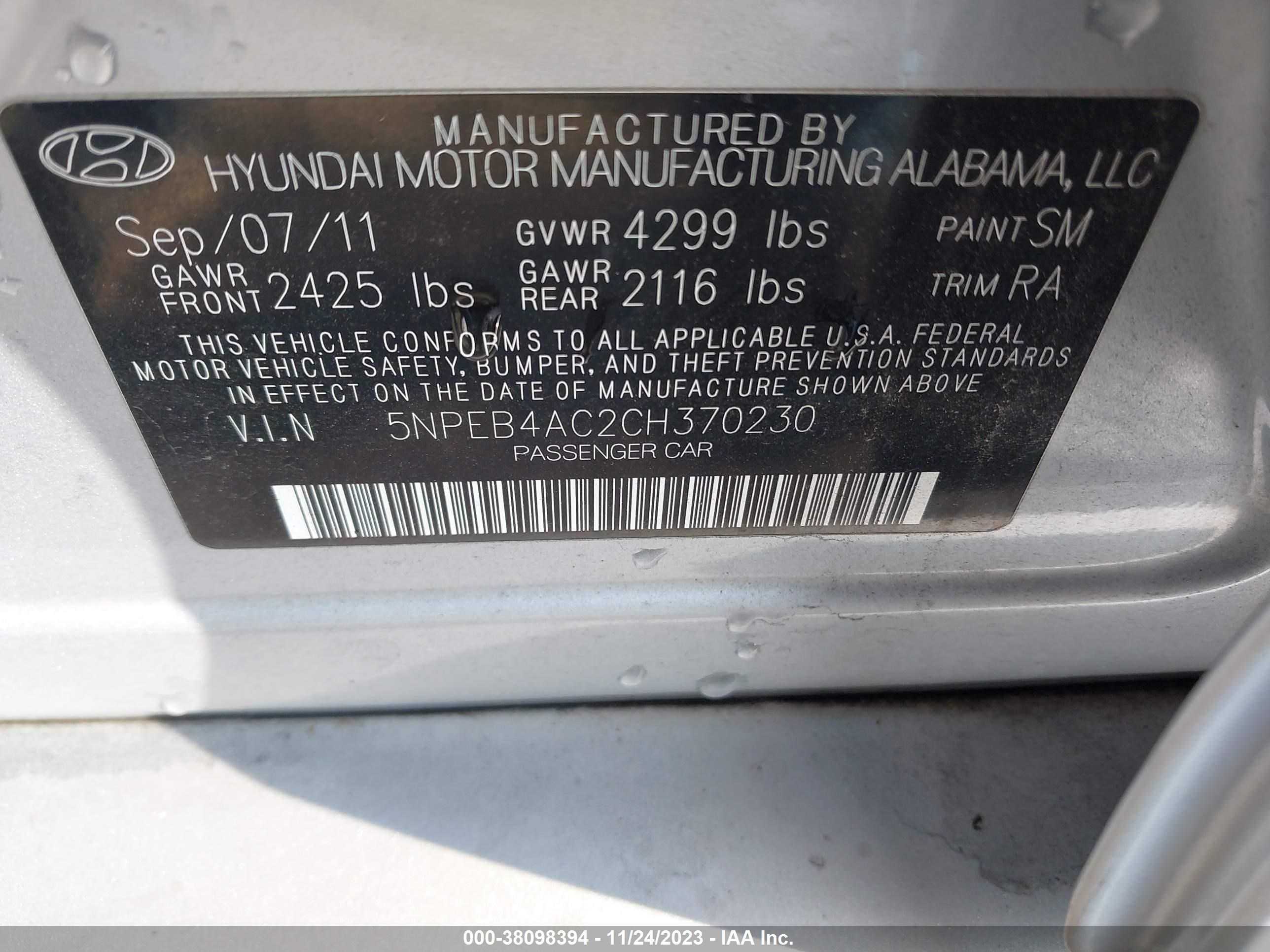 Photo 8 VIN: 5NPEB4AC2CH370230 - HYUNDAI SONATA 