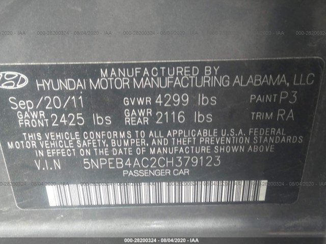 Photo 8 VIN: 5NPEB4AC2CH379123 - HYUNDAI SONATA 