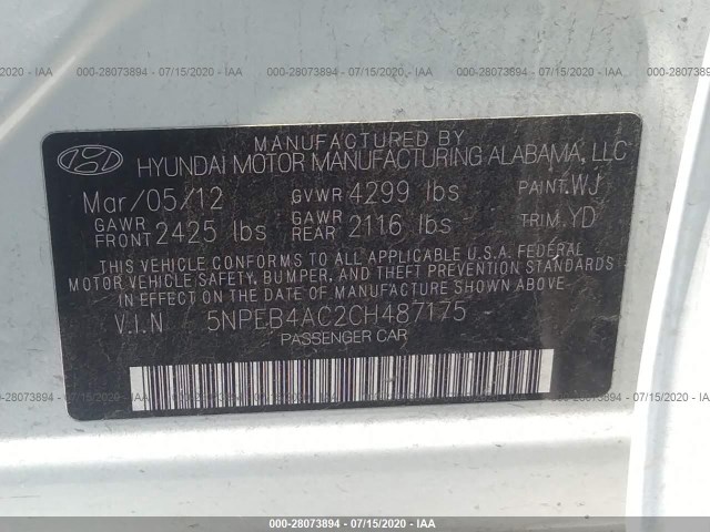 Photo 8 VIN: 5NPEB4AC2CH487175 - HYUNDAI SONATA 