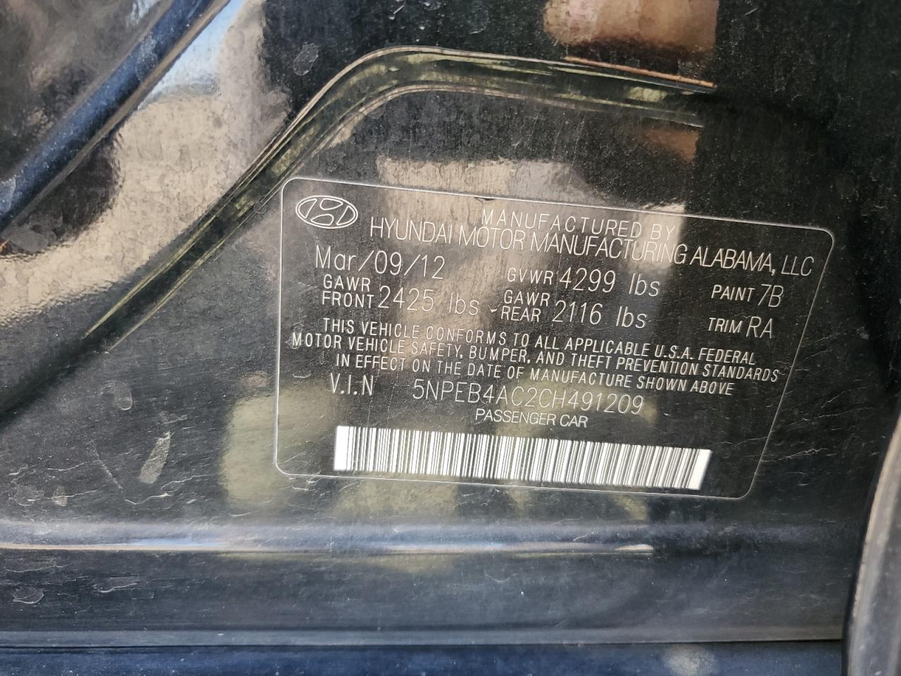 Photo 11 VIN: 5NPEB4AC2CH491209 - HYUNDAI SONATA 