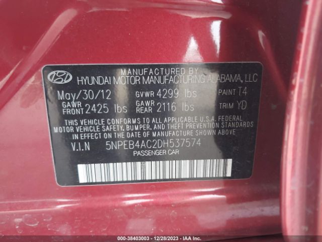 Photo 8 VIN: 5NPEB4AC2DH537574 - HYUNDAI SONATA 