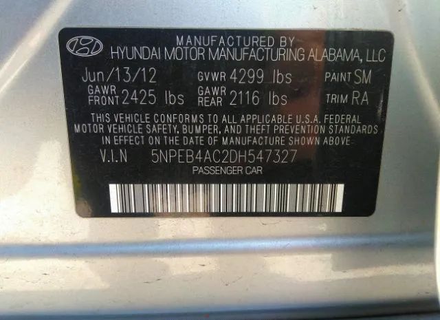 Photo 8 VIN: 5NPEB4AC2DH547327 - HYUNDAI SONATA 