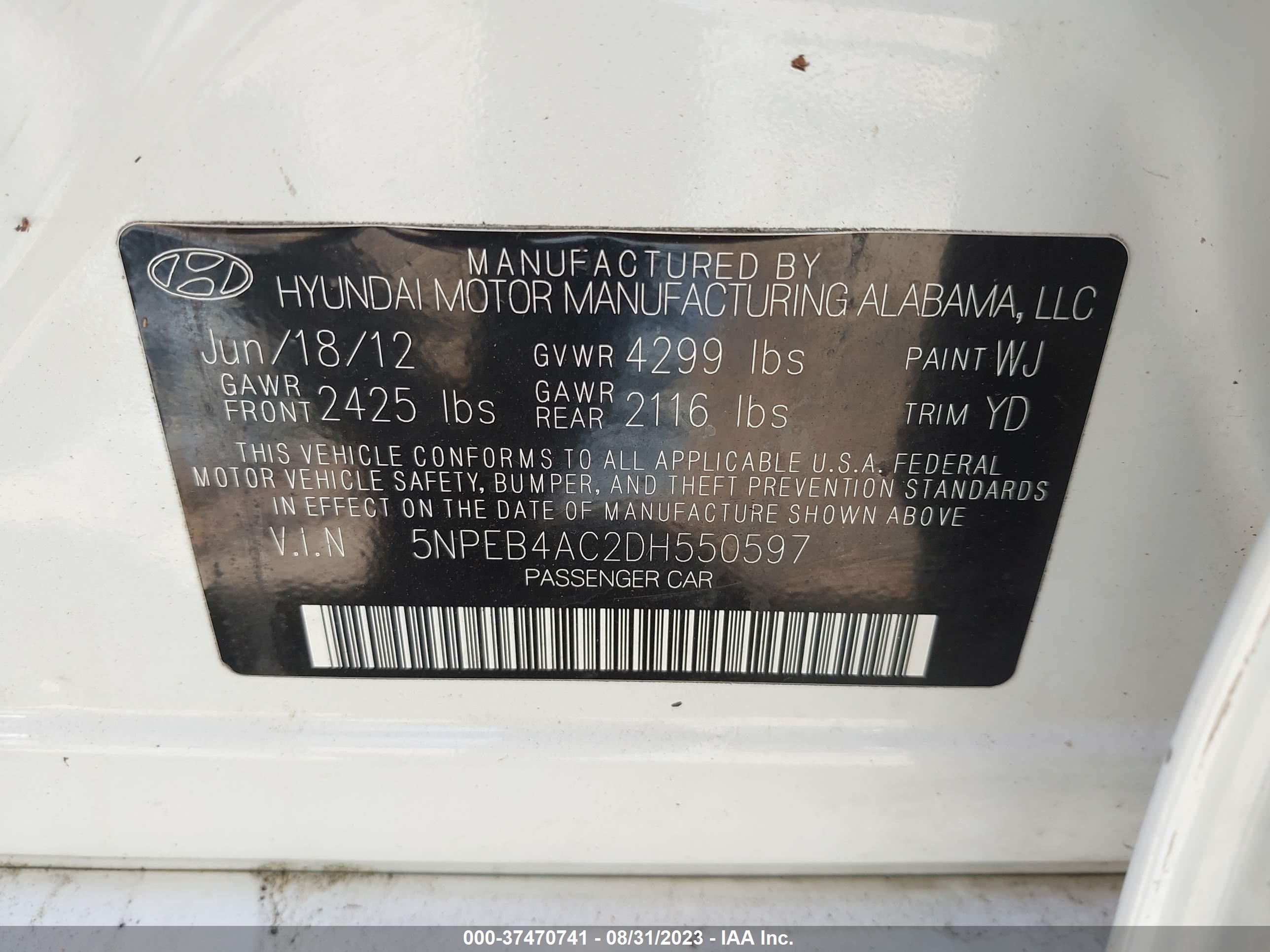 Photo 8 VIN: 5NPEB4AC2DH550597 - HYUNDAI SONATA 