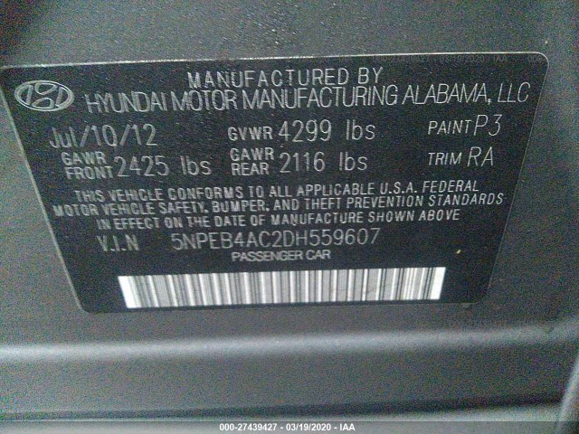 Photo 8 VIN: 5NPEB4AC2DH559607 - HYUNDAI SONATA 