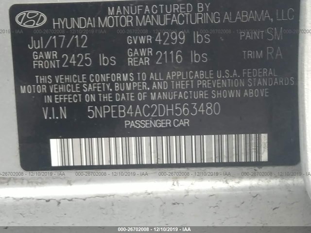 Photo 8 VIN: 5NPEB4AC2DH563480 - HYUNDAI SONATA 