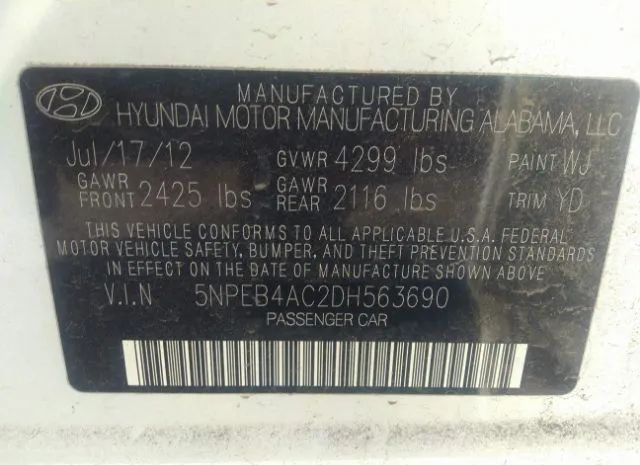 Photo 8 VIN: 5NPEB4AC2DH563690 - HYUNDAI SONATA 