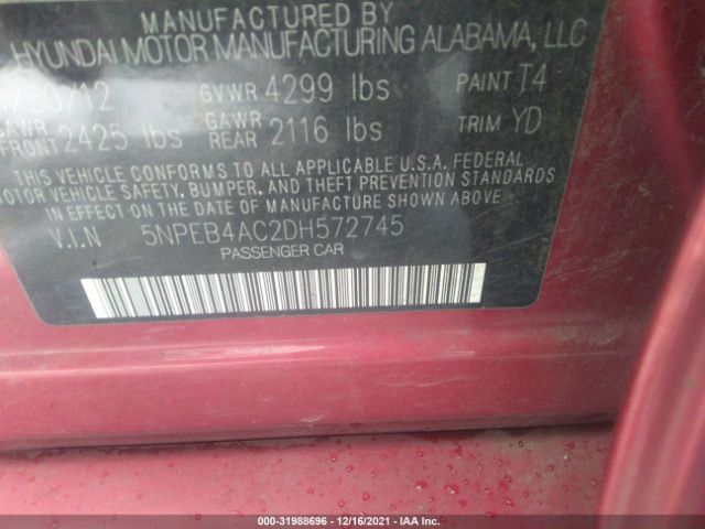 Photo 8 VIN: 5NPEB4AC2DH572745 - HYUNDAI SONATA 