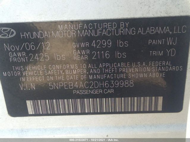 Photo 8 VIN: 5NPEB4AC2DH639988 - HYUNDAI SONATA 