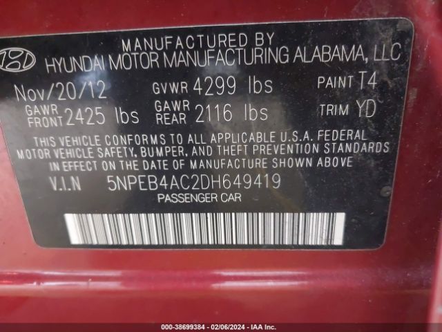 Photo 8 VIN: 5NPEB4AC2DH649419 - HYUNDAI SONATA 