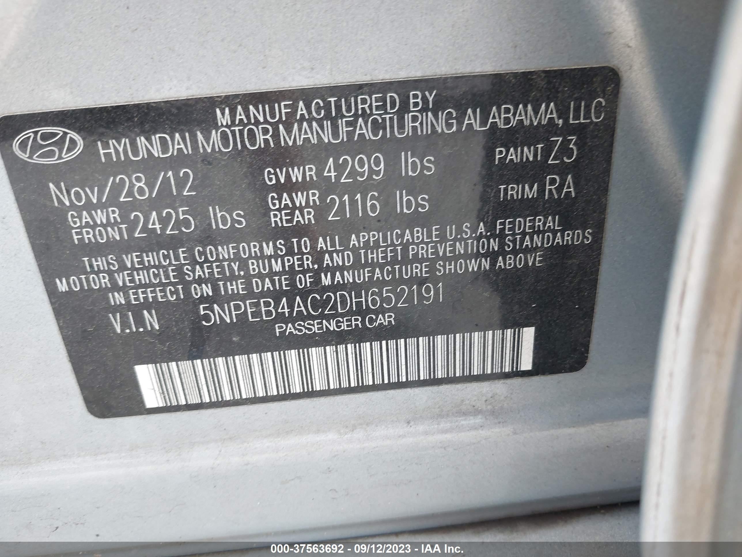 Photo 8 VIN: 5NPEB4AC2DH652191 - HYUNDAI SONATA 